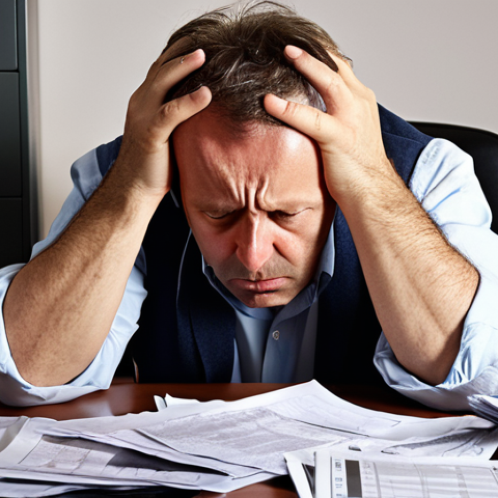 An overwhelmed French SME owner, mid-40s, sits at a cluttered desk piled high with daunting tax documents and complex financial forms. They are holding their head in their hands, looking stressed and frustrated, with a confused expression. The background shows a chaotic office environment, symbolizing the "monumental headache" of managing fiscal complexity without expert guidance. Dim, harsh lighting emphasizes the burden. Realistic, professional style.