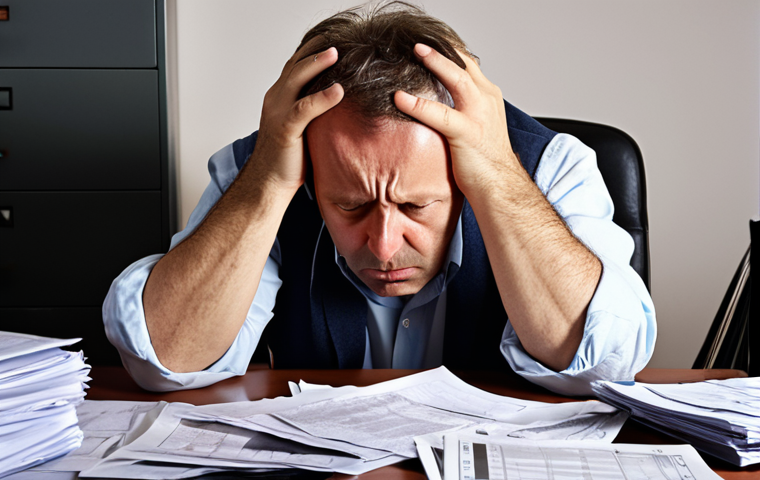 An overwhelmed French SME owner, mid-40s, sits at a cluttered desk piled high with daunting tax documents and complex financial forms. They are holding their head in their hands, looking stressed and frustrated, with a confused expression. The background shows a chaotic office environment, symbolizing the "monumental headache" of managing fiscal complexity without expert guidance. Dim, harsh lighting emphasizes the burden. Realistic, professional style.