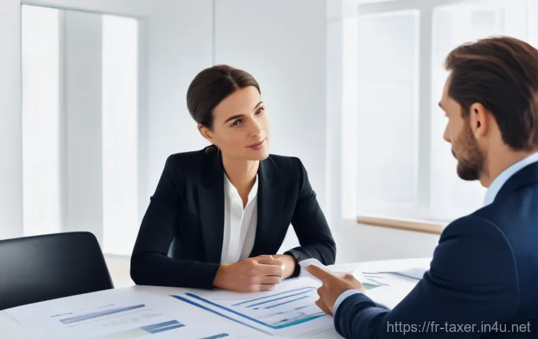 세무사 직업 만족도 - A French male accountant, mid-30s, professionally dressed in a crisp shirt and blazer, stands in a s...