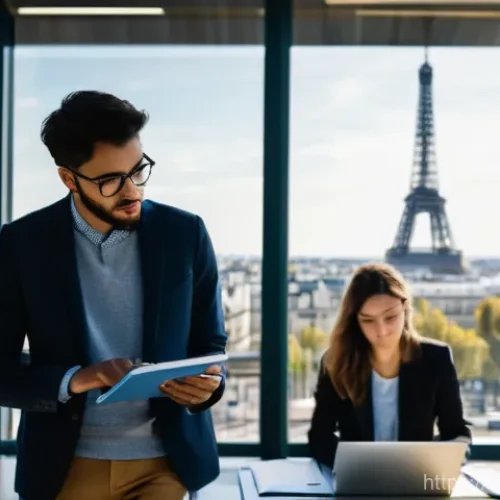 세무사 합격률 분석 - **Prompt:** A diverse group of ambitious young adults, dressed in smart casual attire, are studying ...