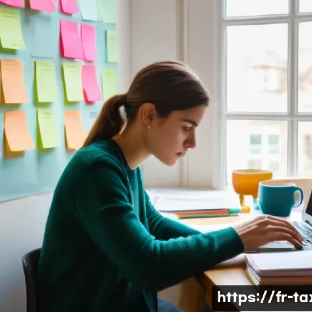 세무사 시험 실패 이유와 극복 사례 - A focused young adult French accounting student studying at a cozy, modern desk filled with organize...