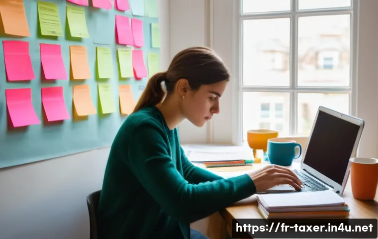 세무사 시험 실패 이유와 극복 사례 - A focused young adult French accounting student studying at a cozy, modern desk filled with organize...