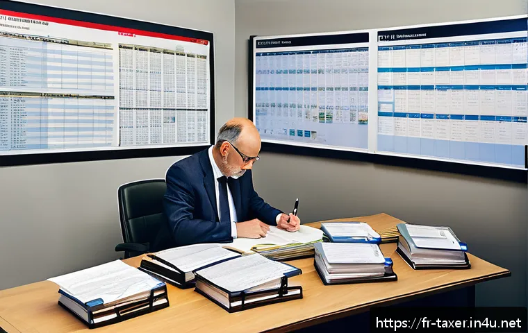 세무사와 부가세 신고 누락 방지 - A professional French accountant’s office scene showing a middle-aged expert-comptable attentively r...