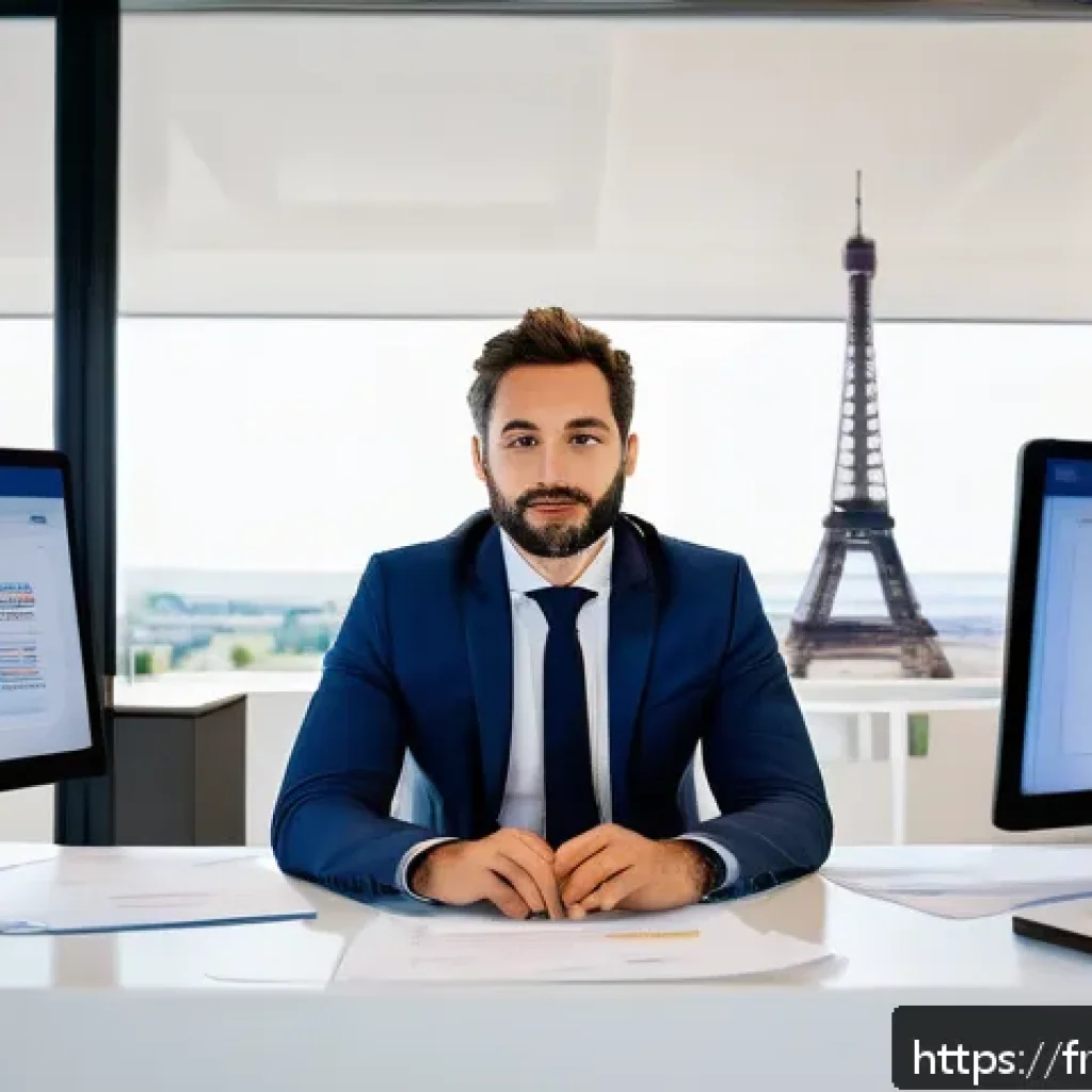 세무사와 국세청 감사 준비 - A modern French small business office scene, featuring a professional entrepreneur sitting at a tidy...