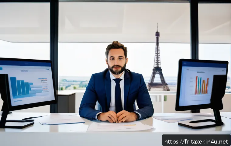 세무사와 국세청 감사 준비 - A modern French small business office scene, featuring a professional entrepreneur sitting at a tidy...