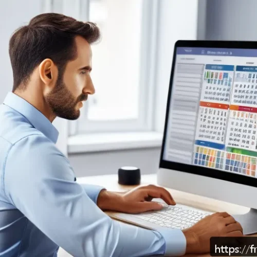 세무사와 개인사업자 세무 관리 - A professional French accountant sitting at a modern office desk, surrounded by multiple digital dev...