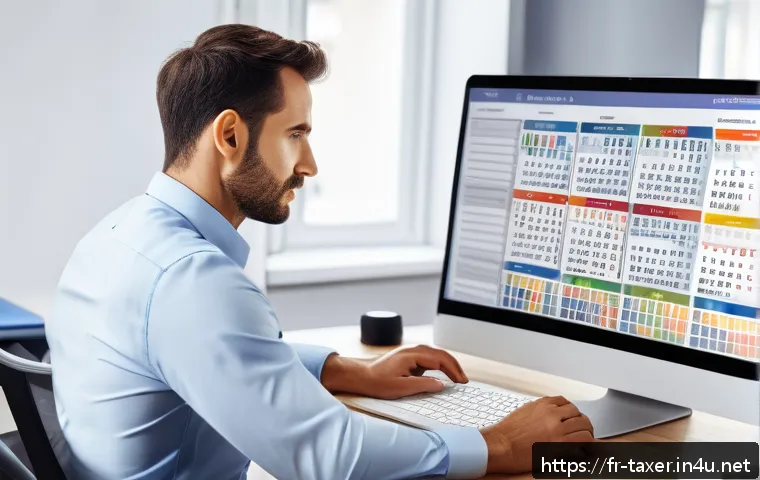 세무사와 개인사업자 세무 관리 - A professional French accountant sitting at a modern office desk, surrounded by multiple digital dev...