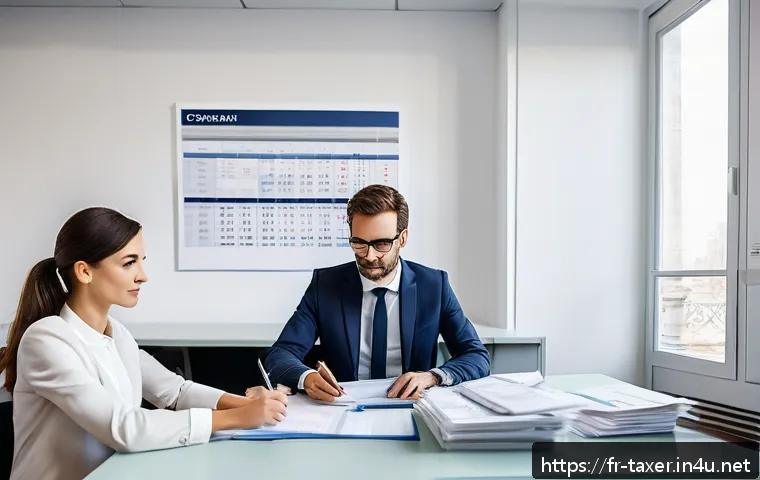 세무사와 세무 대행 서비스 - A professional French accounting office scene, showing a confident expert-comptable (accountant) con...