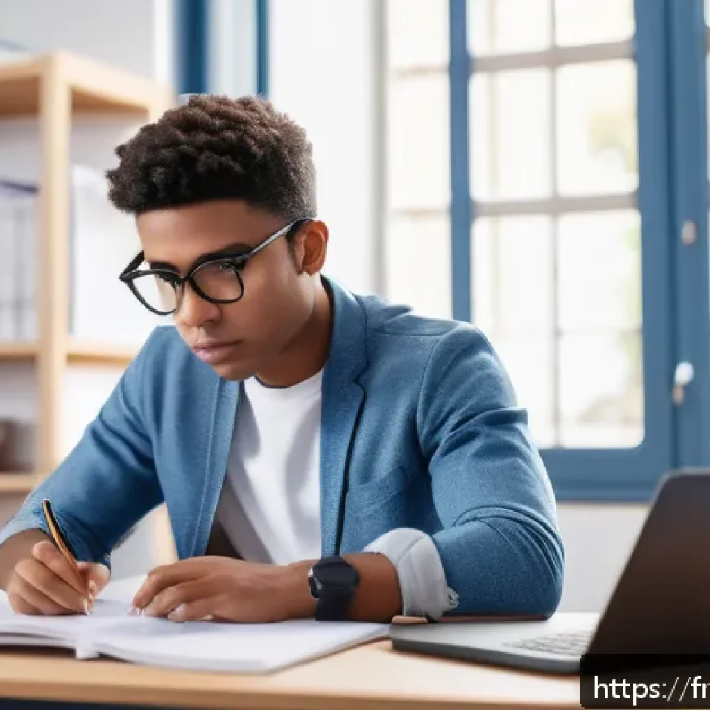 세무사 시험 문제 유형 분석 - A focused young French accounting student sitting at a modern desk in a bright, minimalist study roo...