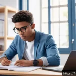 세무사 시험 문제 유형 분석 - A focused young French accounting student sitting at a modern desk in a bright, minimalist study roo...