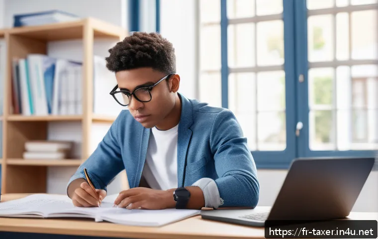 세무사 시험 문제 유형 분석 - A focused young French accounting student sitting at a modern desk in a bright, minimalist study roo...