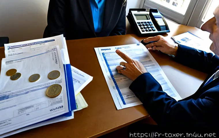 세무사와 의료비 공제 - Photorealistic French tax advisor and middle-aged client reviewing medical expense receipts at a tid...
