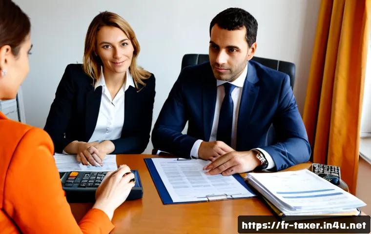 세무사와 외국인 소득 신고 - Photorealistic French tax adviser meeting with a foreign professional in a bright Paris office, dive...